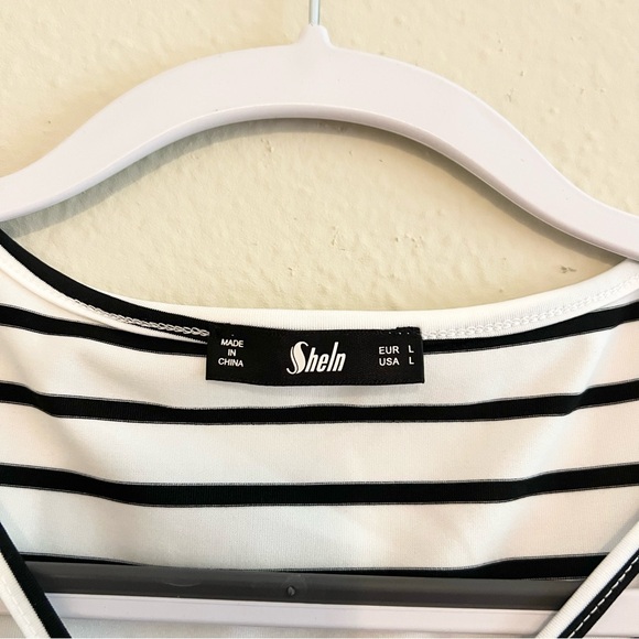 Shein White Dress with Black Thin Stripes Short Sleeve Mini Dress Criss Cross L - Picture 4 of 6